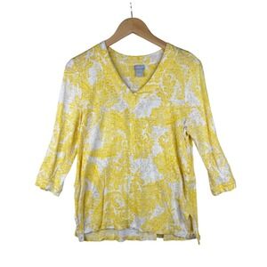 Chico's 100% Linen 3/4 Sleeve Printed Top size Medium Yellow/White